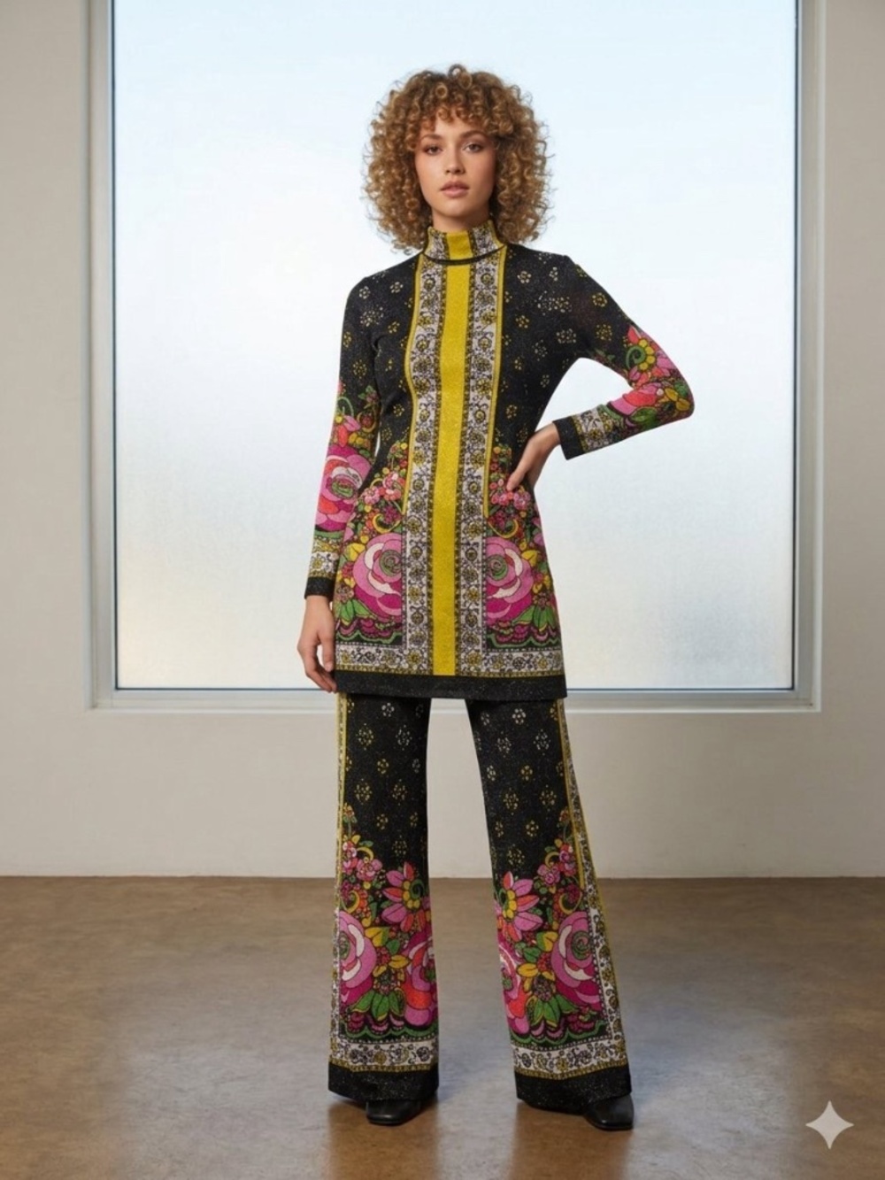 Vintage Emilia Bellini 70s Silk Lurex Tunic Pants Set Italian Designer XS/2